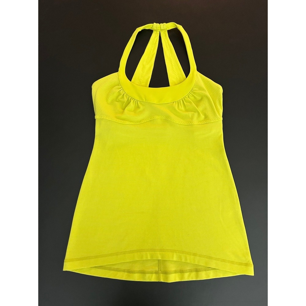Lululemon No Limits Tank Top Neon Yellow Lime Stripe Built In Bra Size 6 (1241)